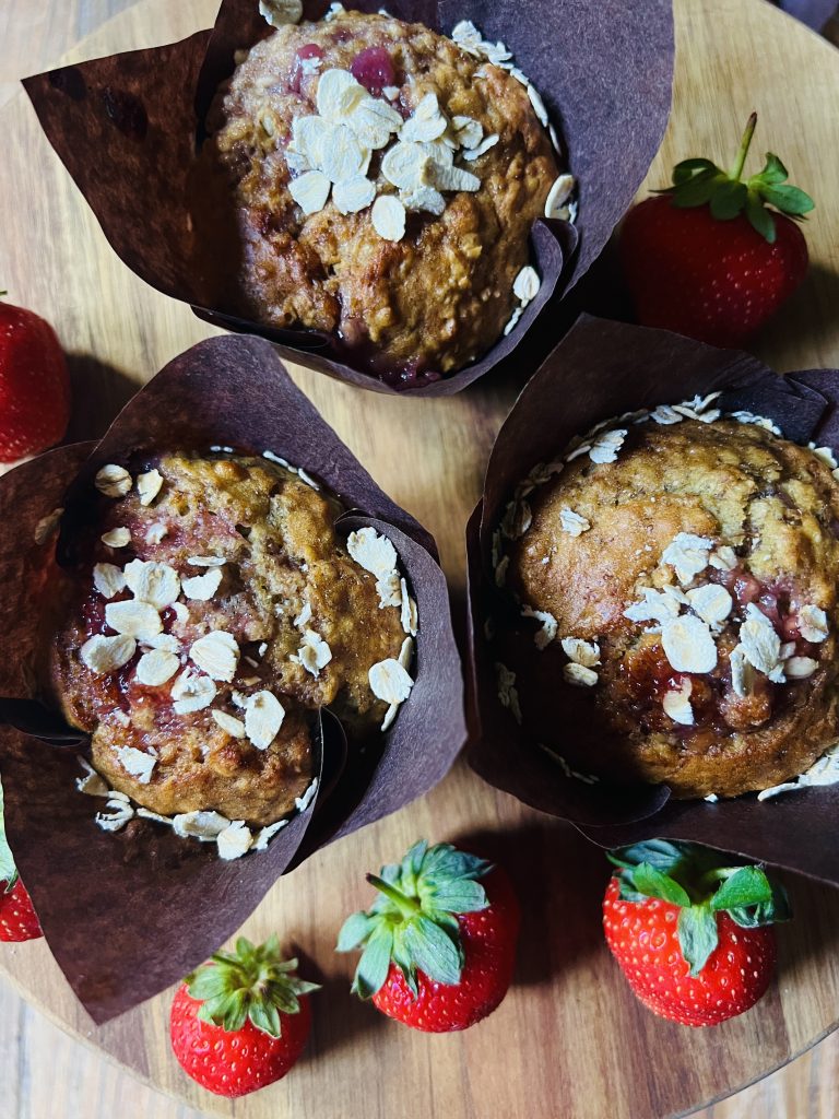 jam-filled banana and oat muffins